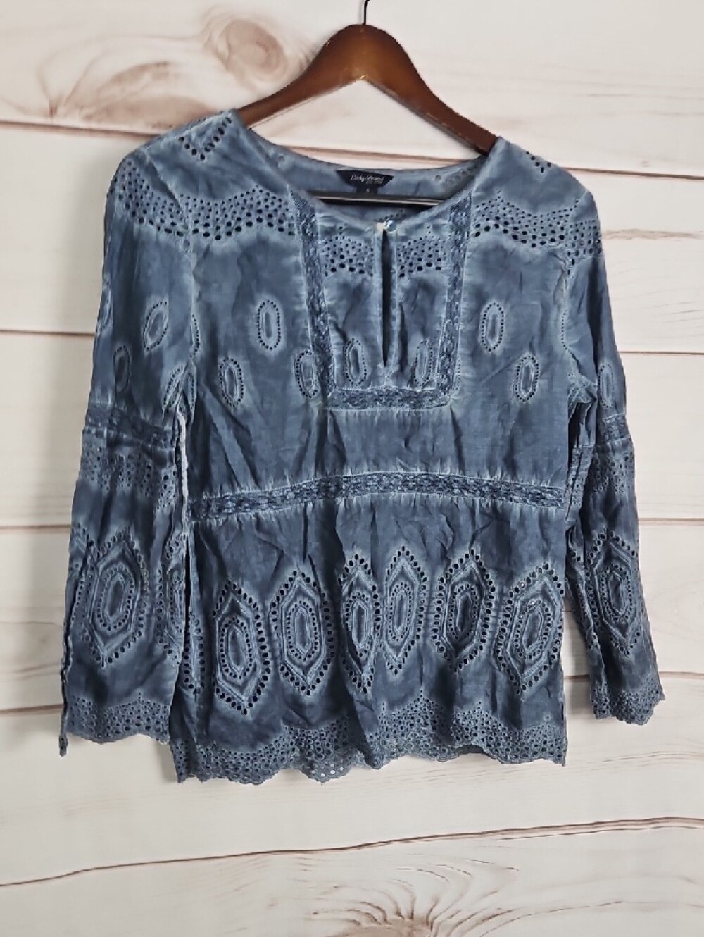 Lucky Brand Blue Acid Wash Eyelet Embroidered Boho Peasant Top | Small - Picture 4 of 11
